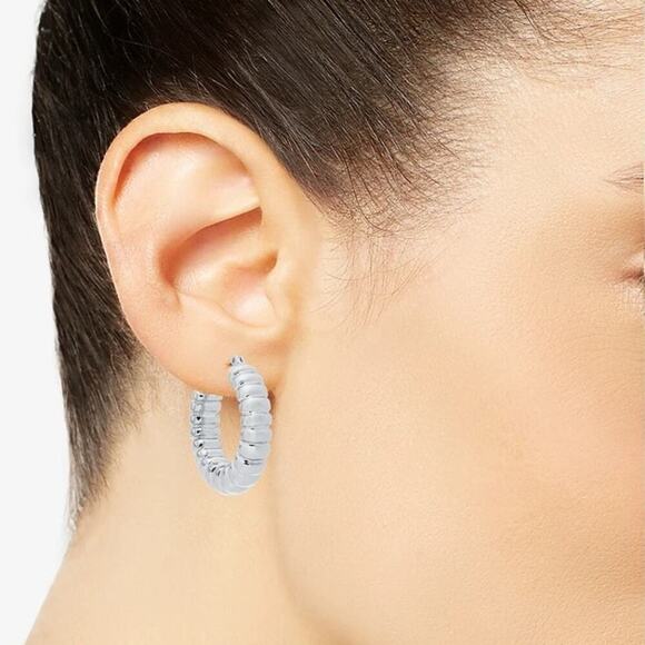 On 34th Small Croissant-Textured Hoop Earrings Silver-Tone 1.06" NEW - Picture 1 of 5